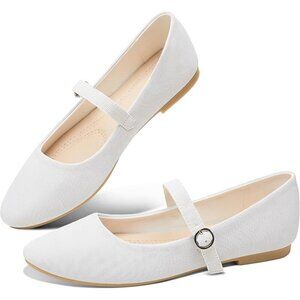 Obtaom Women White Polyester Round Toe Comfortable Classic Strap Ballet Flat